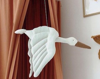Linen Stork Nursery Decor, Flying Stork Baby Mobile, Flying Stork Wall Hanging, Baby Shower Gift