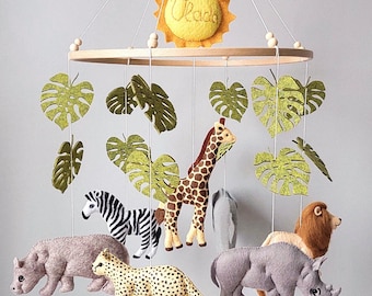 BIG Safari animals mobile with sun Jungle animals mobile African animals mobile Safari nursery Crib mobile Boy safari mobile with sewn name