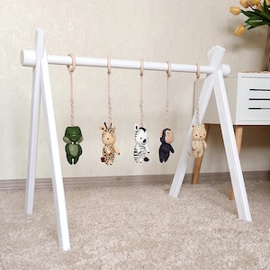  Wooden Baby Gym with 3 Gym Toys, Foldable Baby Play Gym,  Natural Pine Wood Play Gym, Frame Activity Center Hanging Bar Newborn Gift,  Newborn Gift for Baby Girl and Boy