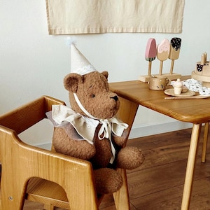 Handmade Boucle Teddy Bear Toy, Retro Plush Bear with Party Hat & Collar, Nursery Room Decor, Photography Prop, Kids Birthday Gift