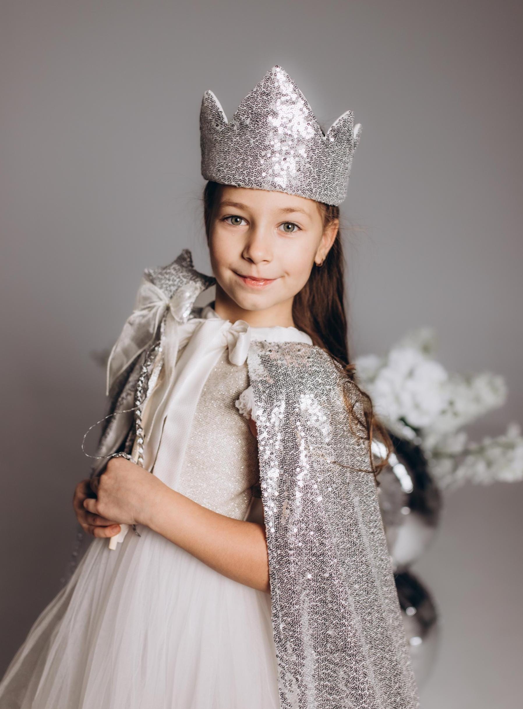 Kids Silver Sequin Cape Set With Crown and Magic Wand, Princess
