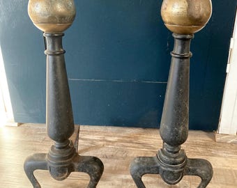 Vintage Cannonball Andirons Fire Dogs Brass And Cast Iron 17 Inches Tall