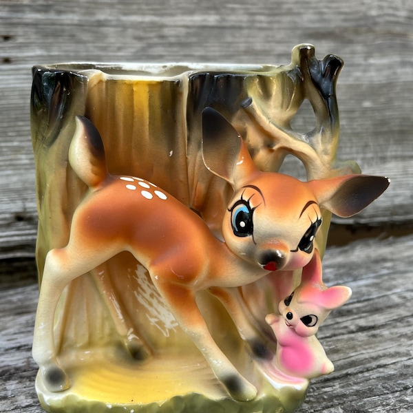 VTG Porcelain 3D Bambi & Thumper In Forrest Vase Planter Decor Japan