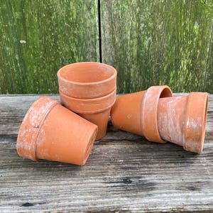 May include: A collection of small, terracotta-colored flower pots. The pots are cylindrical with a slightly flared rim and are stacked and scattered on a weathered wooden surface. The background is a green-toned wooden wall.