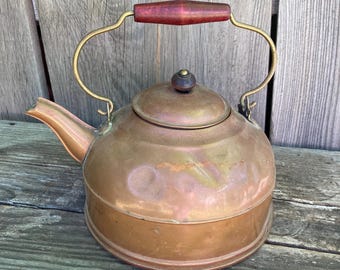 Vintage Solid Copper Tea Kettle, 2 Quart Red Wood Handle