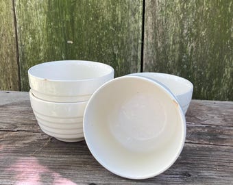 Lot Of 4 Vintage Ceramic USA Pottery Bowl Creamy White Ribbed 1940s Farmhouse