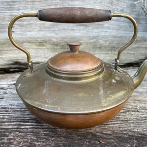 Vintage Copper and Brass Tea Pot Kettle with Bakelite Top Knob and Wooden Handle Made in Holland