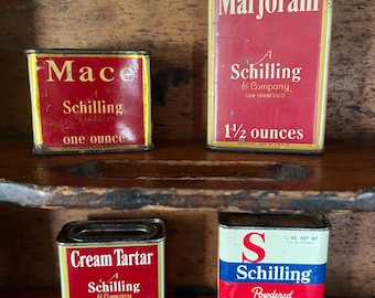 5 Schilling Spice Tins: Cloves, Mace, Marjoram, Sage, Mustard and