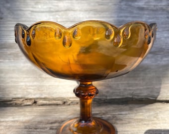 Indiana Amber Glass “Tear Drop” Pedestal Compote With Scalloped Edge, Candy Dish