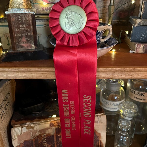 Vintage 1966 Lions Club Horse Show Stratford Missouri Second Place Ribbon Equestrian  memorabilia rosette red satin ribbon