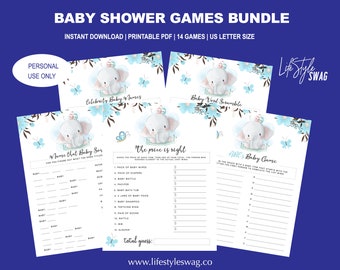 Baby Shower Games Bundle Printable | Blue Baby Shower Games Elephant | Baby Shower Games Digital Bundle | Instant Download