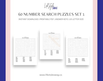60 Number Search Puzzles Printable Bundle | Instant Download | Large Print for Adults, Seniors and Kids