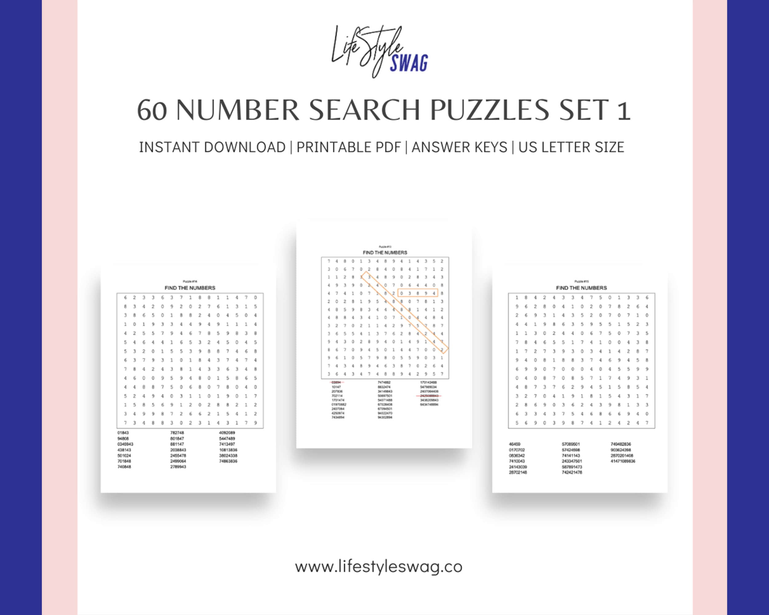 60 number search puzzles printable bundle instant download etsy