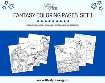 Fantasy Adult Coloring Pages Set 1 | Fantasy Art Drawing Prints | Relaxing Activity | Instant Download | Fantasy Illustrations Printable PDF