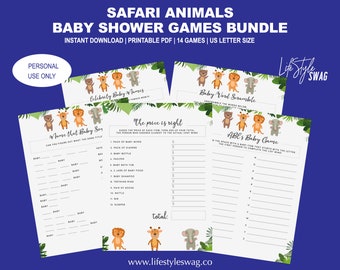 Baby Shower Games Safari Animals Bundle Printable PDF | Green Baby Shower Games | Baby Shower Games Digital Bundle | Instant Download