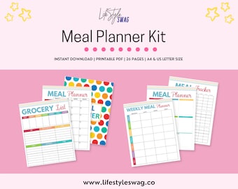 Meal Planner Bundle Printable PDF | Meal Organizer and Tracker | Meal Planning Kit  | Grocery Planner | Instant Download | Letter & A4 Sizes