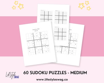 60 Medium Sudoku Puzzles Large Print | Sudoku Games with Answers | Brain Activity for Adults | Instant Download | Sudoku Printable PDF