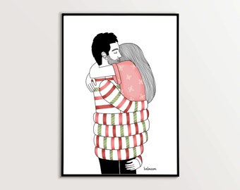 Valentine's Day gift for her, romantic art, love illustration, romantic print, unique gift for wife, gift for her, couple illustration