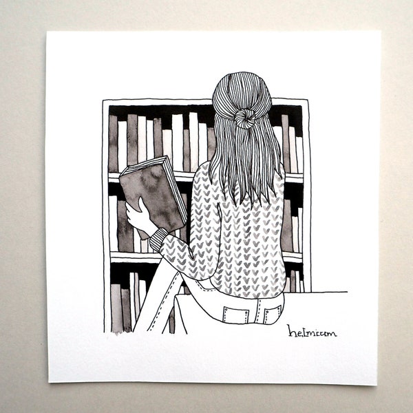 reading girl, reading woman, reading art, reading drawing, reading illustration, bookworm, original art, original illustration, reading