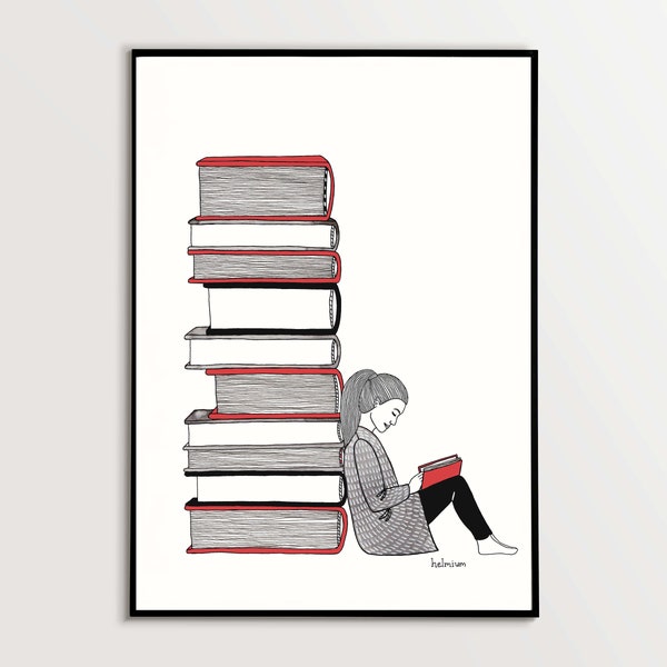 Reading art, Librarian gifts, Reading print, book lover gift, book reading print, illustration print, reading home decor, book illustration