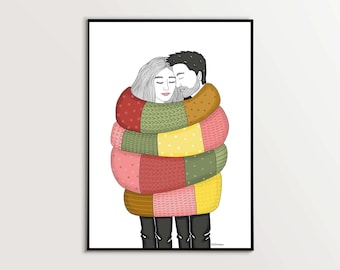 romantic art print, love wall art, couple art, unique gift for wife, gift for her, couple illustration, Valentine's Day gift for her