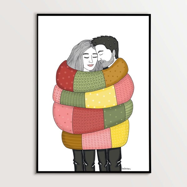 impression d’art romantique, art mural d’amour, art de couple, cadeau unique pour femme, cadeau pour elle, illustration de couple, cadeau de la Saint-Valentin pour elle