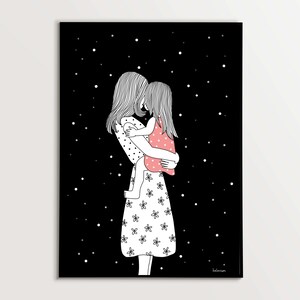 母と子のアートプリント - 女の赤ちゃんを抱くお母さん - ミニマリストな保育園の壁アート - 新米ママへの贈り物 - 彼女への母の日ギフト