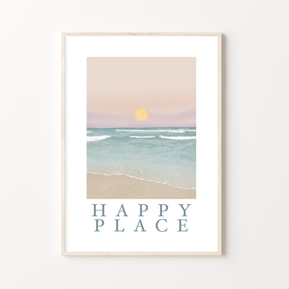 Happy Place | By the sea, Ocean Lover, Calming Print | Beautiful pastel A4 A3 seascape scenery illustration of Fistral Beach in Newquay