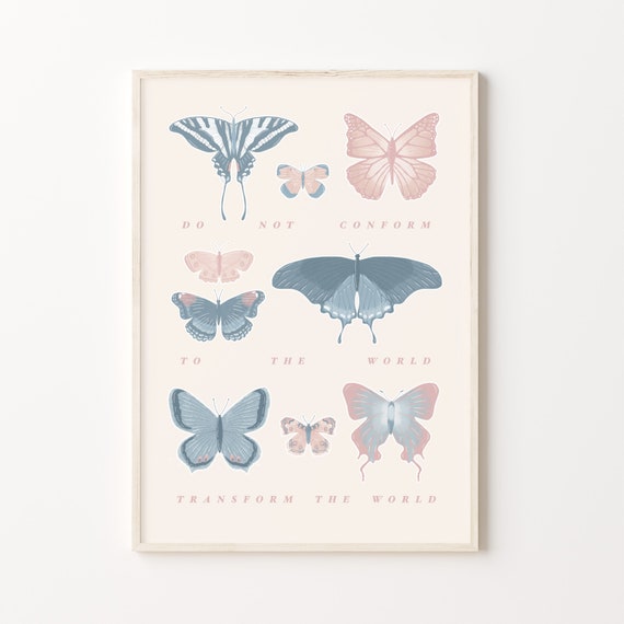 Transform the World Print | Butterfly Wildlife Bible Verse Boho Print | Sizes A5, A4 and A3 | Grey and Navy Blue, Beige and Blush Pink