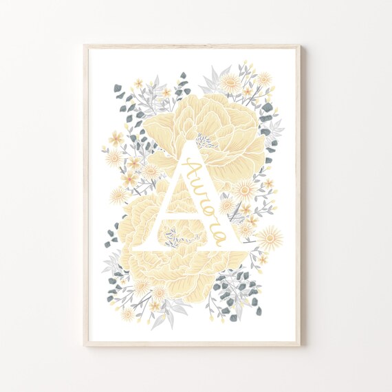 Personalised Hand Lettered Name Initial Print with Peony Flowers | Nursery or Children’s Room | A4 and A3 | Available in 6 colours