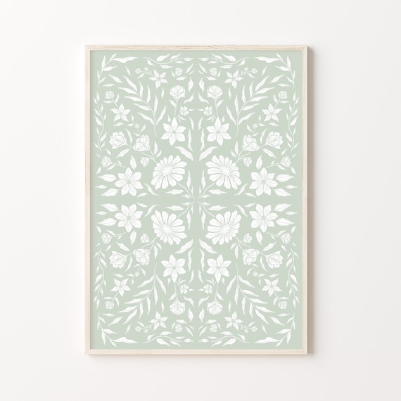 Moroccan Meadow Print | Floral Morocco tile inspired repeat pattern poster | A5, A4 and A3 | Green, Pink, Blue, Navy, Yellow, Beige, Grey