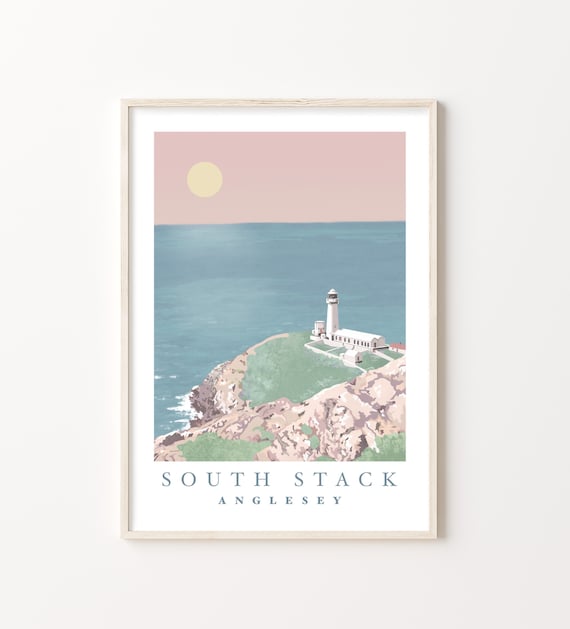 South Stack, Anglesey Landscape Print | Welsh coast lighthouse seascape illustration | Blush Pink, Pastel Blue, Sea View | A4 and A3