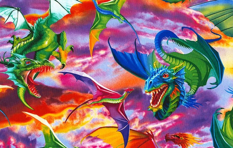 Bright Dragons C6317 Dragon cotton fabric by the yard fantasy Etsy
