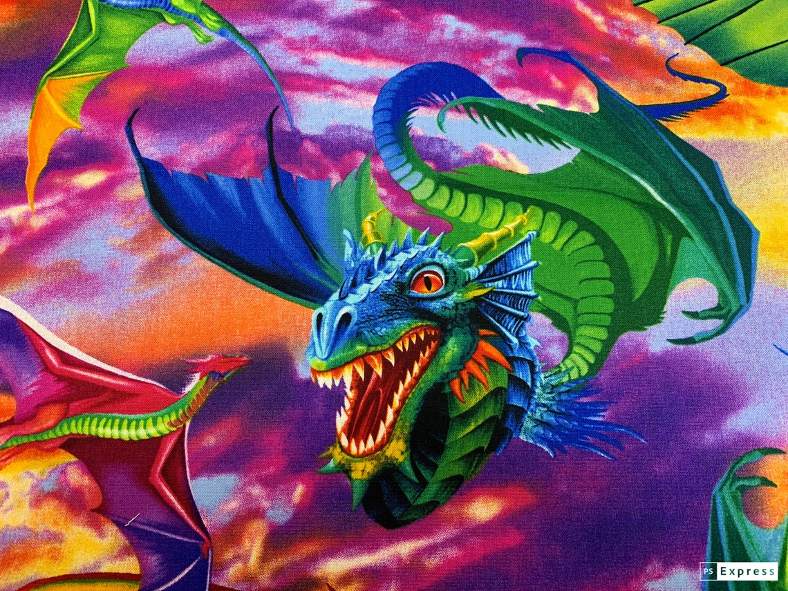 Bright Dragons C6317 Dragon cotton fabric by the yard fantasy Etsy