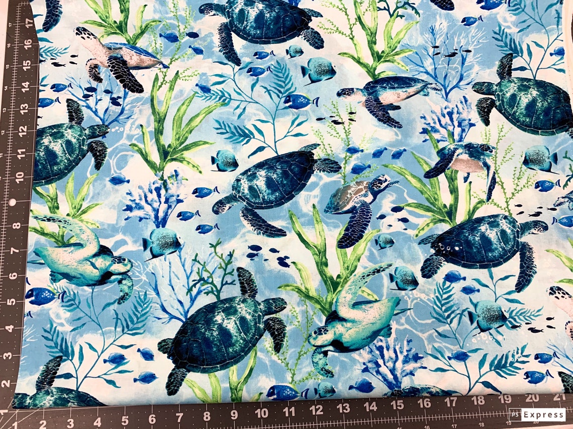Blue Sea Turtle Cotton fabric by the yard C7955 Turtle fabric Etsy