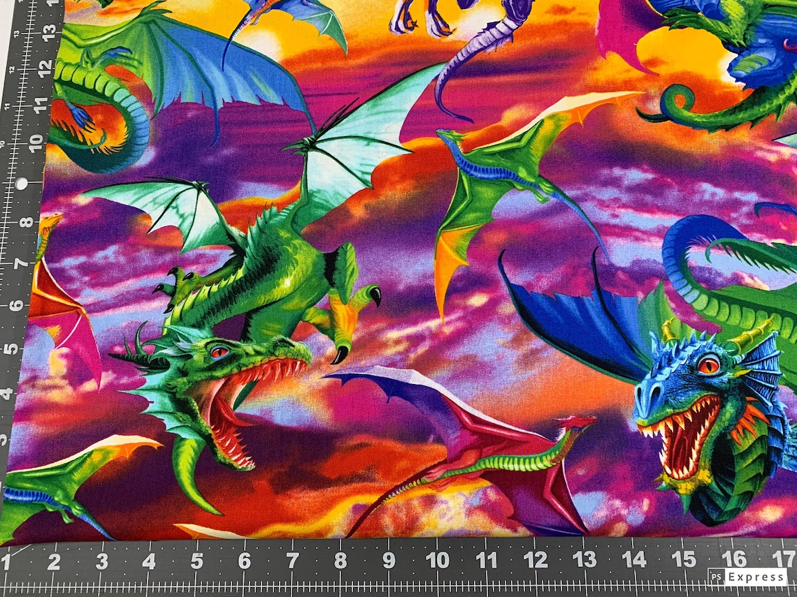Bright Dragons C6317 Dragon cotton fabric by the yard fantasy Etsy