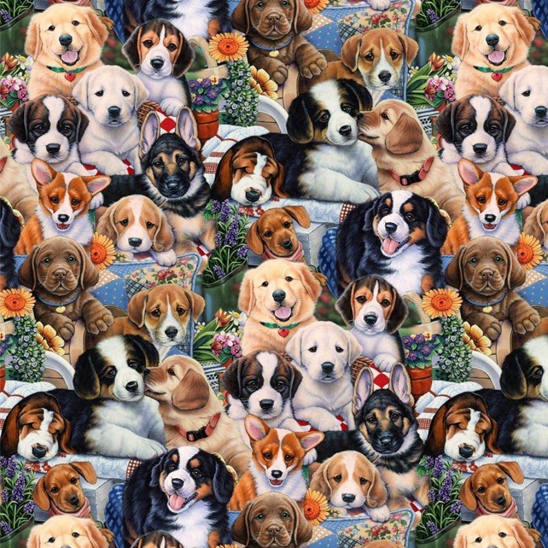Puppies in the Garden Al-3167-6 Dog cotton fabric by the yard dog fabric puppy fabric