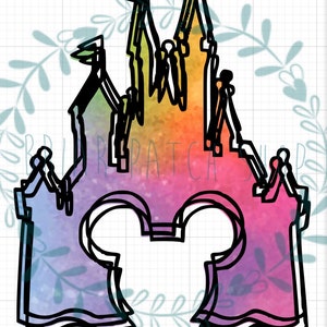 May include: A colourful watercolour illustration of a Disney castle with Mickey Mouse ears in the centre. The castle is outlined in black and has a rainbow gradient.