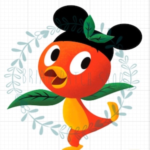 May include: A cartoon orange bird with black Mickey Mouse ears and green leaves on its head. The bird is wearing a red and orange outfit and has a yellow beak. The bird is standing on one leg and has its wings outstretched.