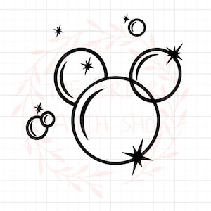 Peut inclure: Illustration en noir et blanc de trois cercles qui se chevauchent avec des étoiles autour. Les cercles sont disposés en forme de Mickey Mouse.