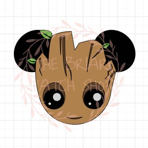 May include: A cartoon illustration of a brown, tree-like character with black hair and green leaves. The character has large, round eyes and a small smile.