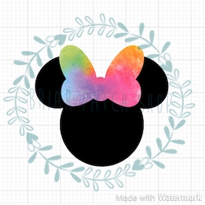 May include: A black silhouette of Mickey Mouse ears with a rainbow watercolour bow in the centre. The ears are surrounded by a wreath of light blue leaves.