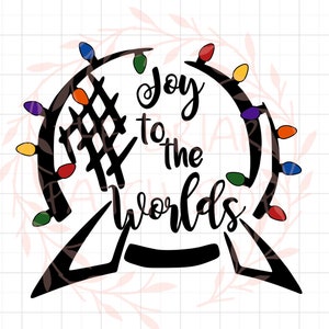 May include: Black and white silhouette of a Christmas light string in the shape of a circle with the text "Joy to the Worlds" inside. The lights are multi-coloured.