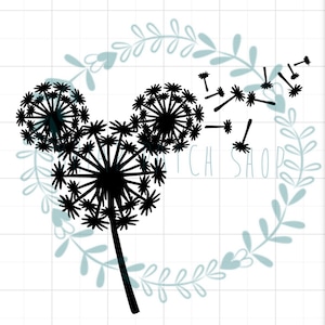 May include: Black silhouette of a dandelion with three flower heads, two of which are shaped like Mickey Mouse ears. The dandelion is surrounded by a wreath of light blue leaves. The background is white with a grid pattern.