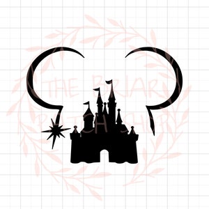 Peut inclure: Silhouette noire d'un château avec deux oreilles de Mickey Mouse au-dessus. Le château a un toit pointu et des tours. Il y a une étoile avec un rayon de lumière qui en émane à gauche du château.