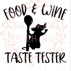 May include: Black and white silhouette of a rat holding a spoon with the text "Food & Wine Taste Tester" below.