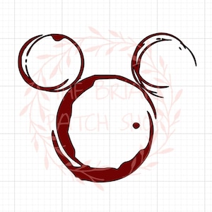 Peut inclure: Une tache de vin rouge en forme de Mickey Mouse. La tache est sur un fond blanc.