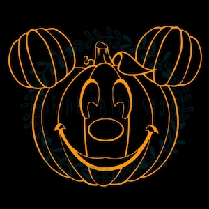 Peut inclure: Contour orange d'une citrouille avec des oreilles de Mickey Mouse et un visage souriant. La citrouille est sur un fond noir.