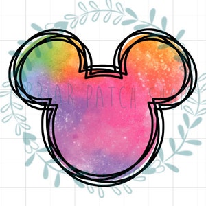 May include: A colourful watercolour Mickey Mouse head silhouette with a rainbow gradient of pink, purple, blue, green, yellow and orange.