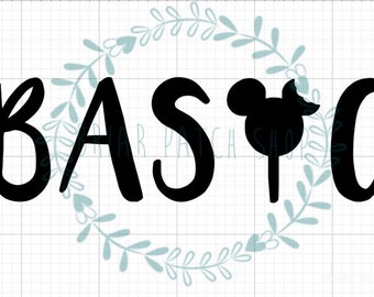 May include: Black and white graphic design with the word "BASIC" and a Mickey Mouse head silhouette with a stick.
